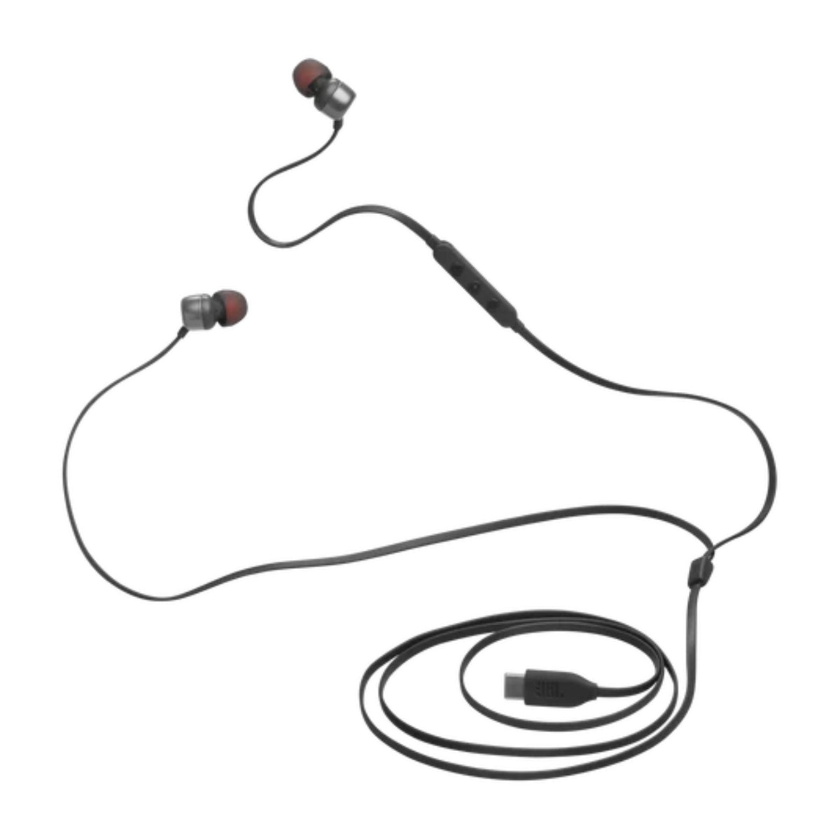 Auriculares USB-C JBL negros, vista frontal y cableado