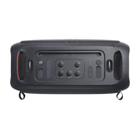 Vista superior de la bocina JBL PartyBox On-The-Go Bluetooth con controles y asas para facilitar el transporte