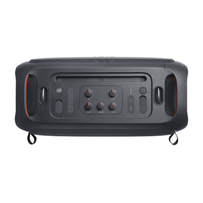 Vista superior de la bocina JBL PartyBox On-The-Go Bluetooth con controles y asas para facilitar el transporte