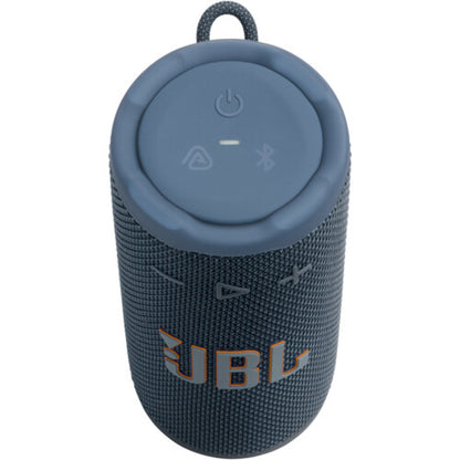 parlante bluetooth JBL azul, vista superior, botones para controlar sonido