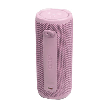 parlante bluetooth resistente al agua rosa, vista lateral, ideal para actividades al aire libre