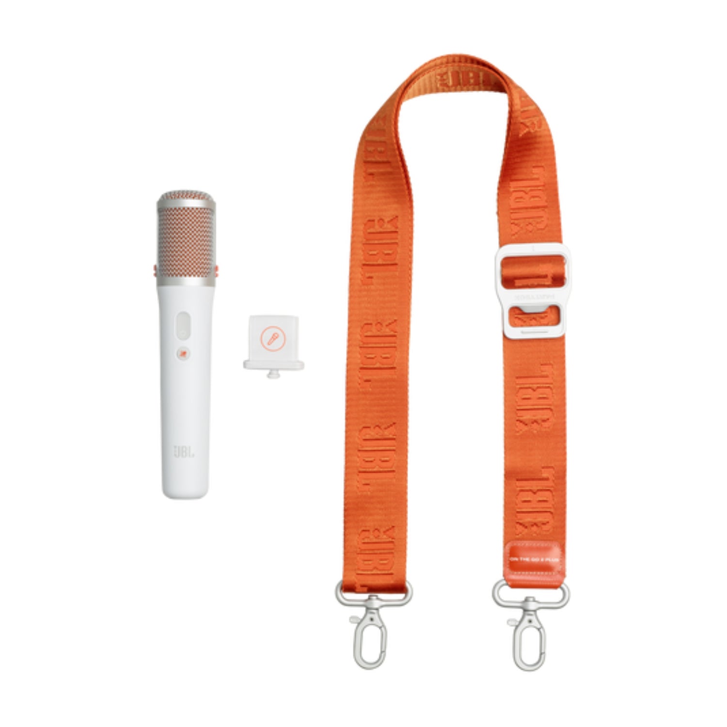 Parlante JBL blanco con correa naranja y accesorio de soporte