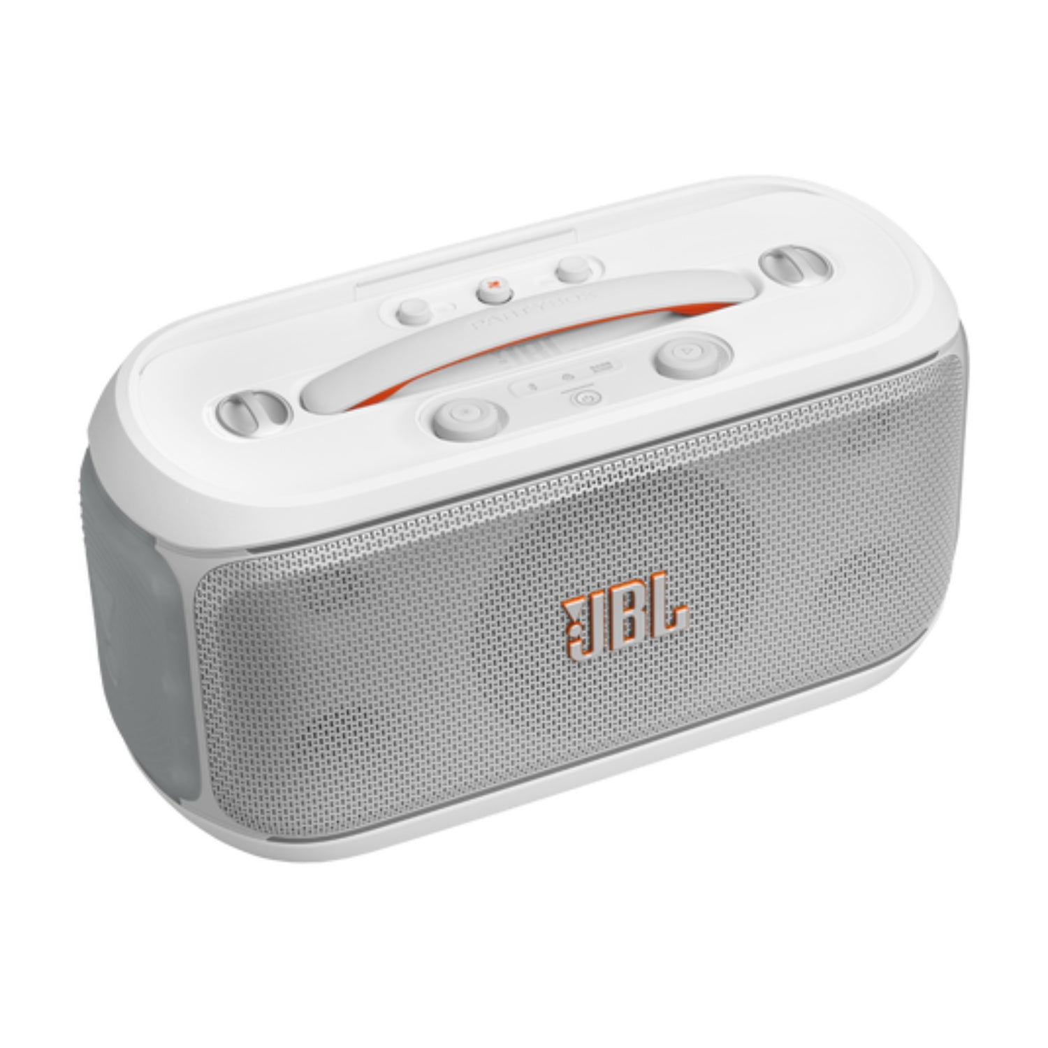 Parlante JBL blanco lateral, portátil, ideal para fiestas al aire libre