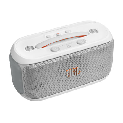 Parlante JBL blanco lateral, portátil, ideal para fiestas al aire libre