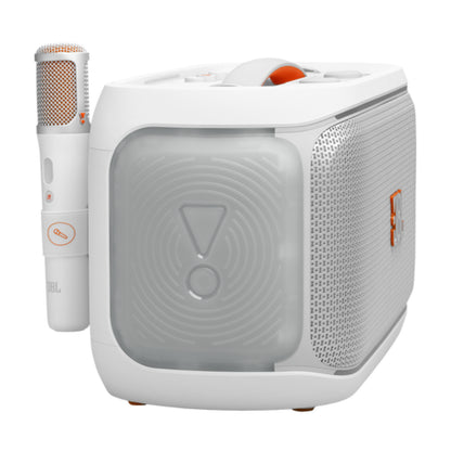 Parlante JBL blanco con micrófono, vista lateral, ideal para fiestas
