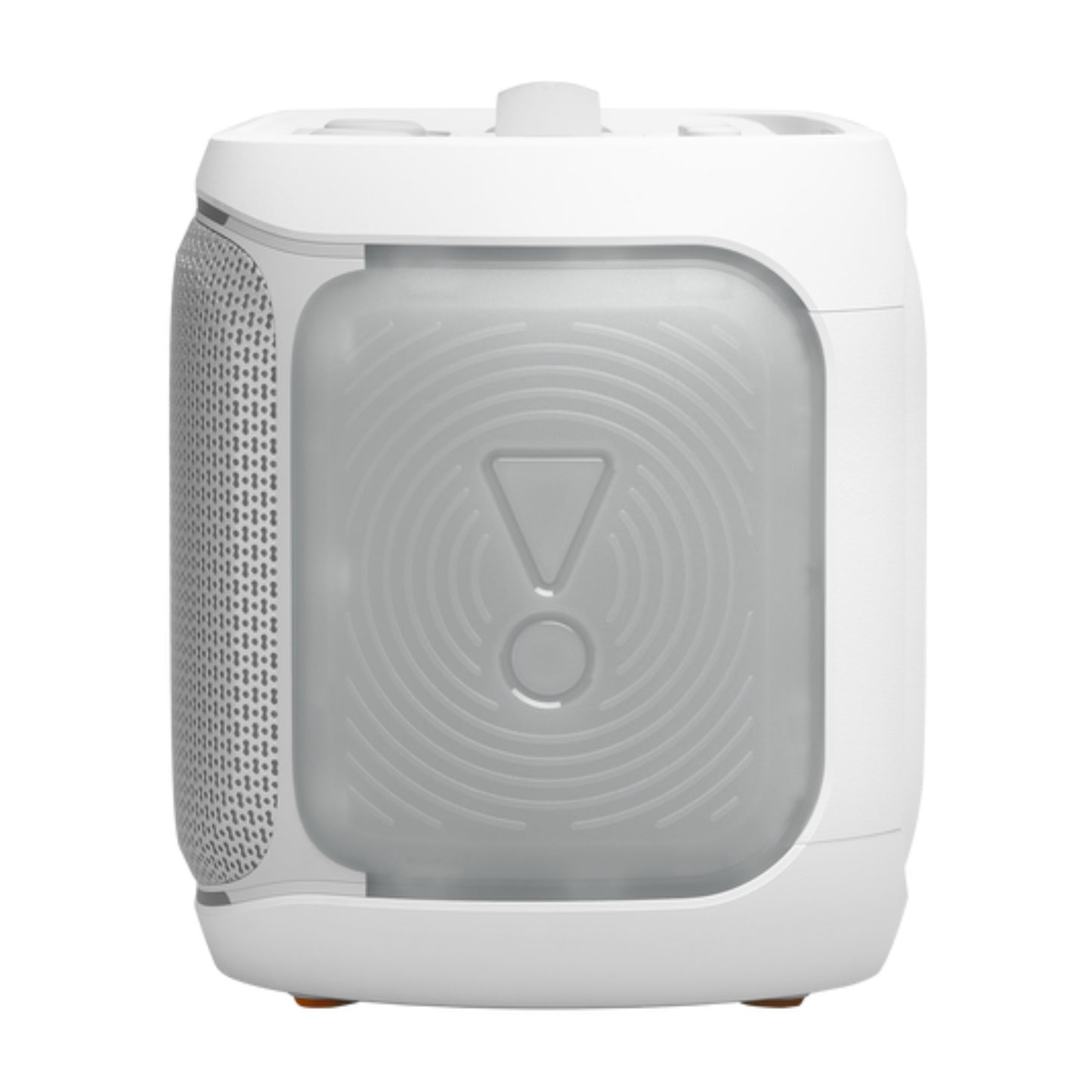 Parlante blanco, frontal, ideal para fiestas y uso al aire libre.