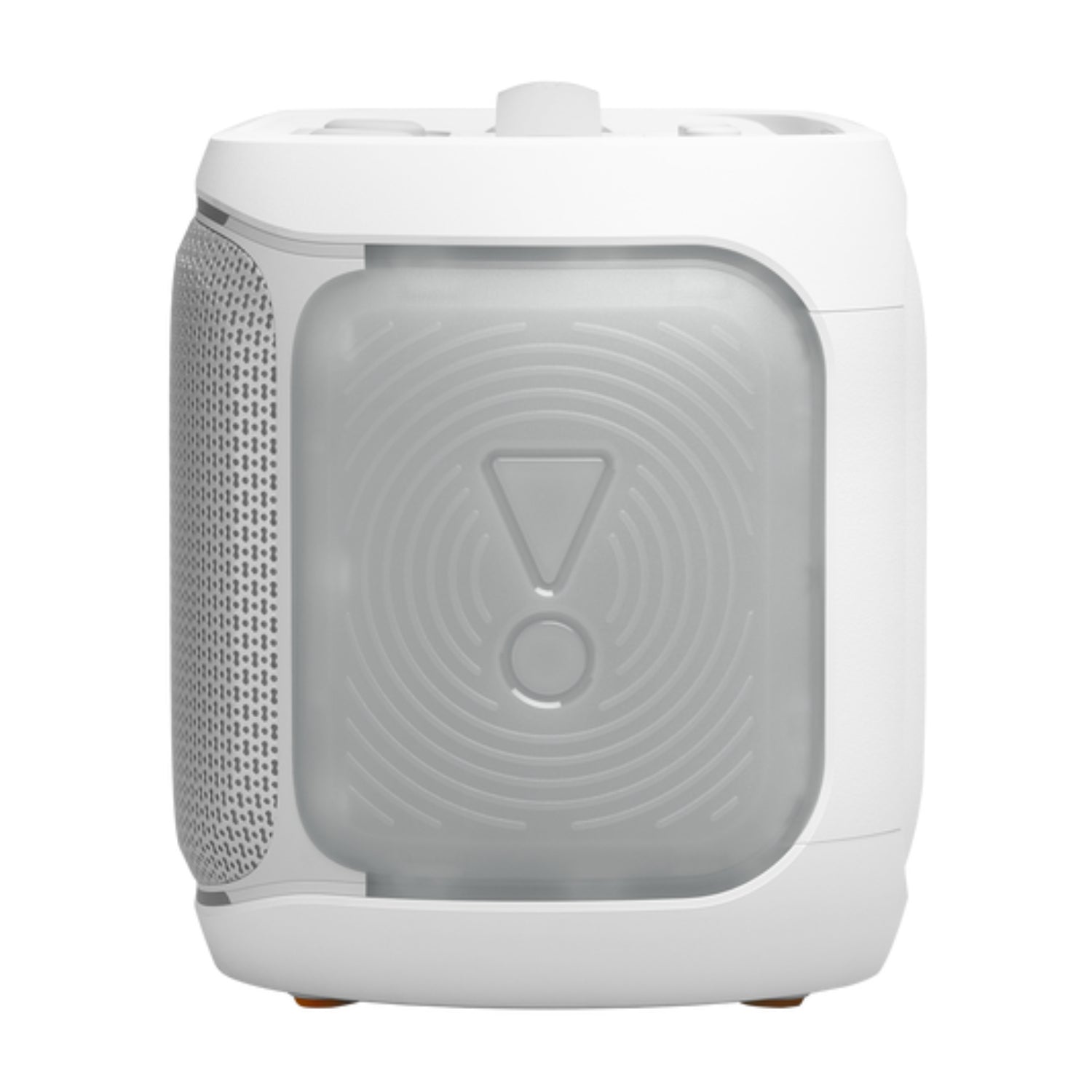 Parlante blanco, frontal, ideal para fiestas y uso al aire libre.