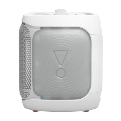 Parlante blanco, frontal, ideal para fiestas y uso al aire libre.