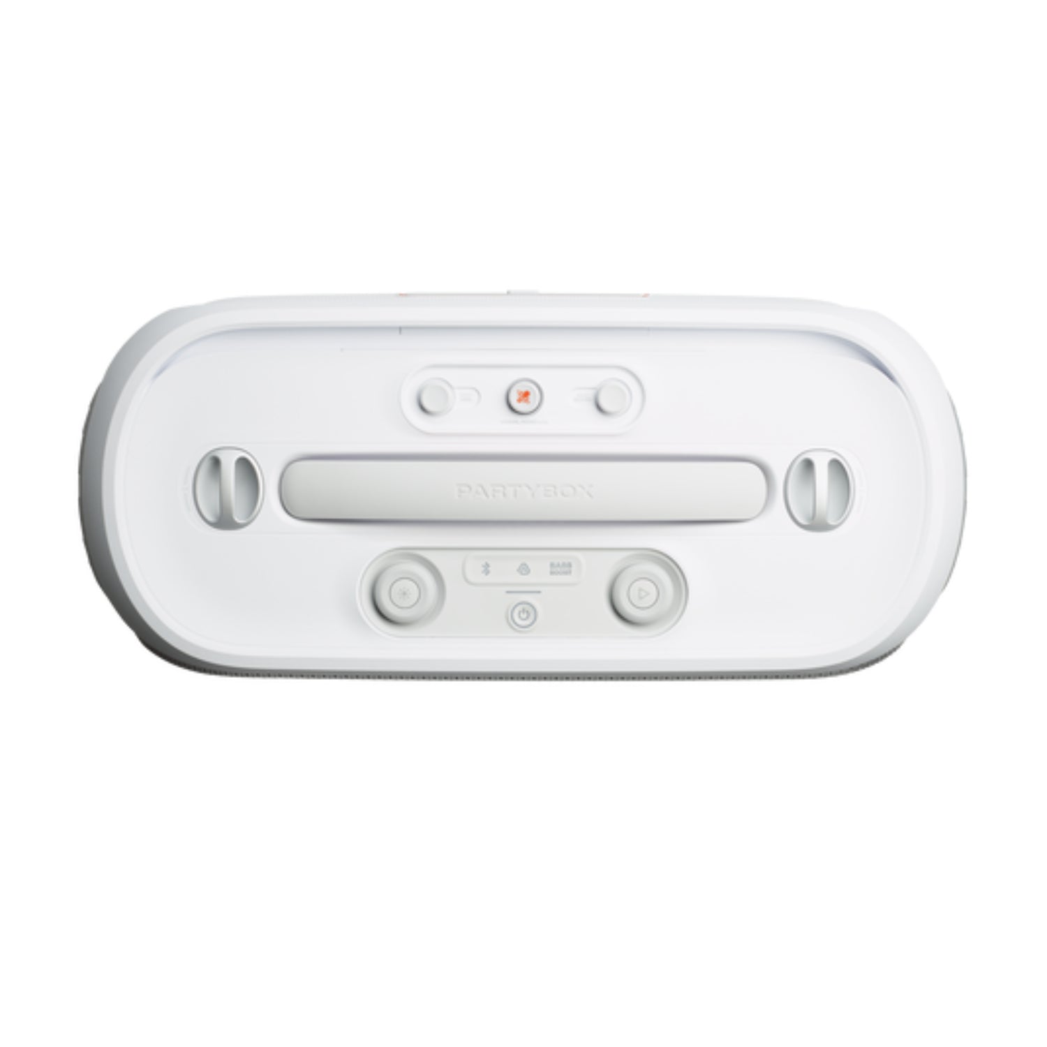 Parlante JBL blanco, vista frontal con controles y puerto USB
