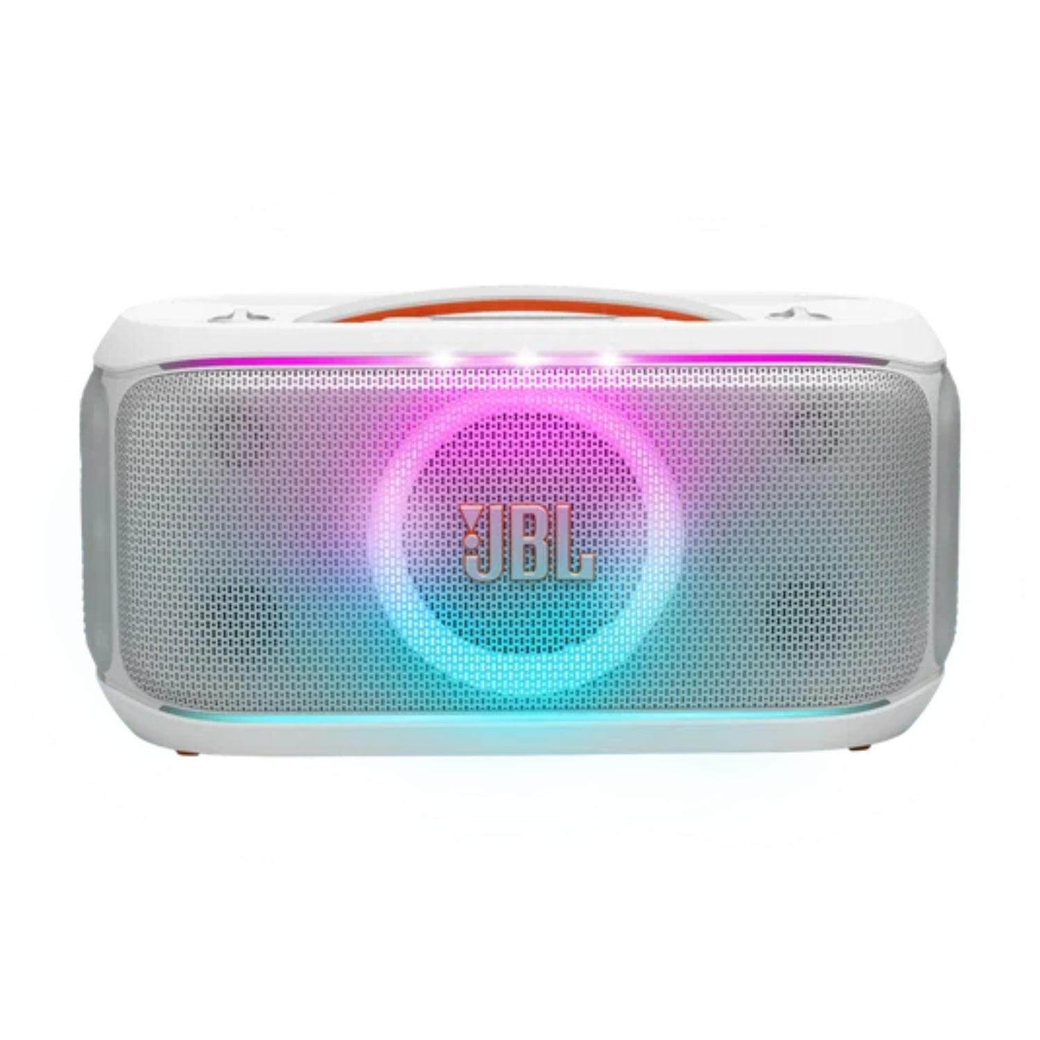 Parlante JBL blanco frontal con luces LED multicolores, ideal para fiestas