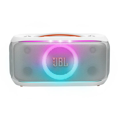 Parlante JBL blanco frontal con luces LED multicolores, ideal para fiestas
