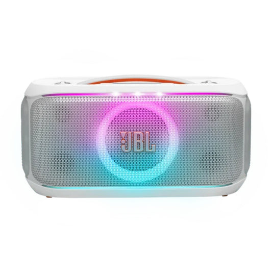 Parlante JBL blanco frontal con luces LED multicolores, ideal para fiestas