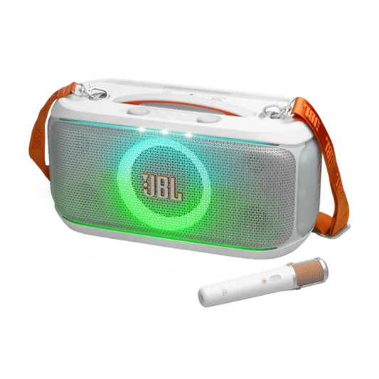 Parlante JBL blanco con micrófono y luces LED, vista lateral para fiestas