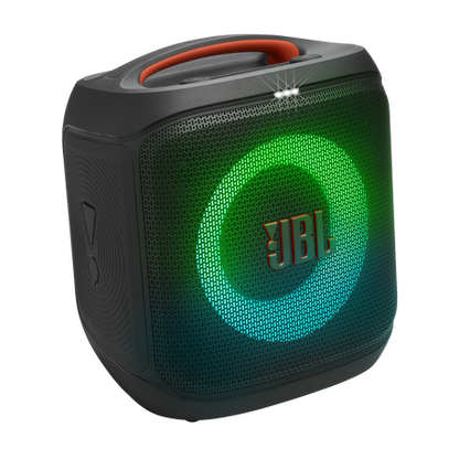 Parlante JBL Encore Essential 2 portátil con luces LED brillantes y diseño resistente.
