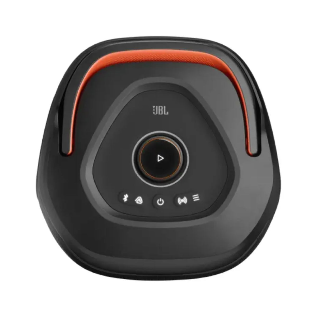 Parlante JBL negro con botones de control y detalles en color naranja