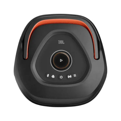 Parlante JBL negro con botones de control y detalles en color naranja