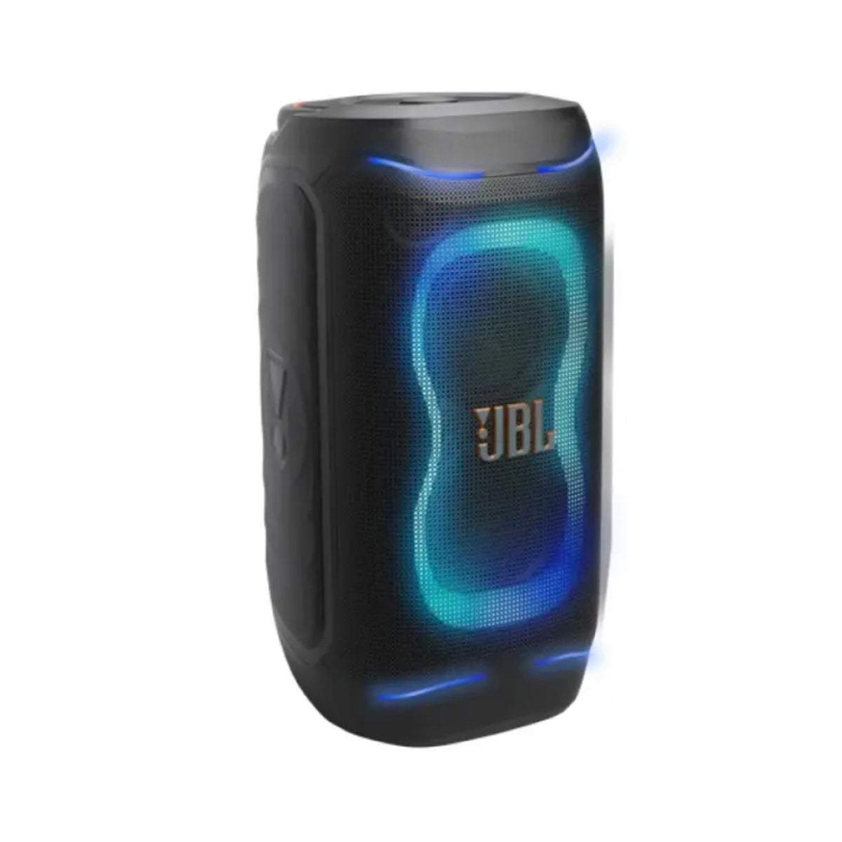 Parlante JBL negro con luces LED, vista lateral en ambiente festivo