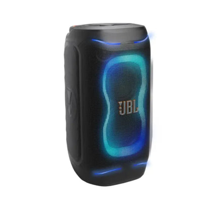 Parlante JBL negro con luces LED, vista lateral en ambiente festivo