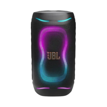 Parlante JBL color negro con luces LED y diseño moderno, vista frontal