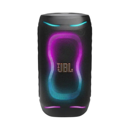Parlante JBL color negro con luces LED y diseño moderno, vista frontal