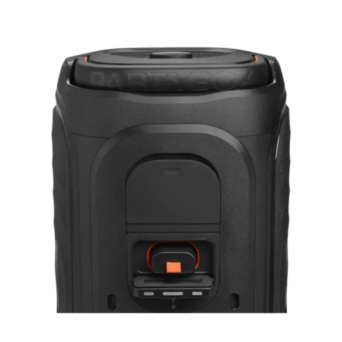 Parlante JBL negro vista superior, diseño robusto y entradas accesibles