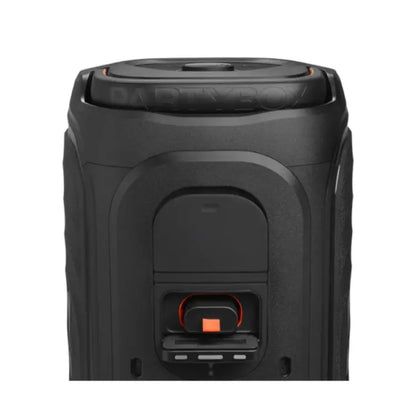 Parlante JBL negro vista superior, diseño robusto y entradas accesibles
