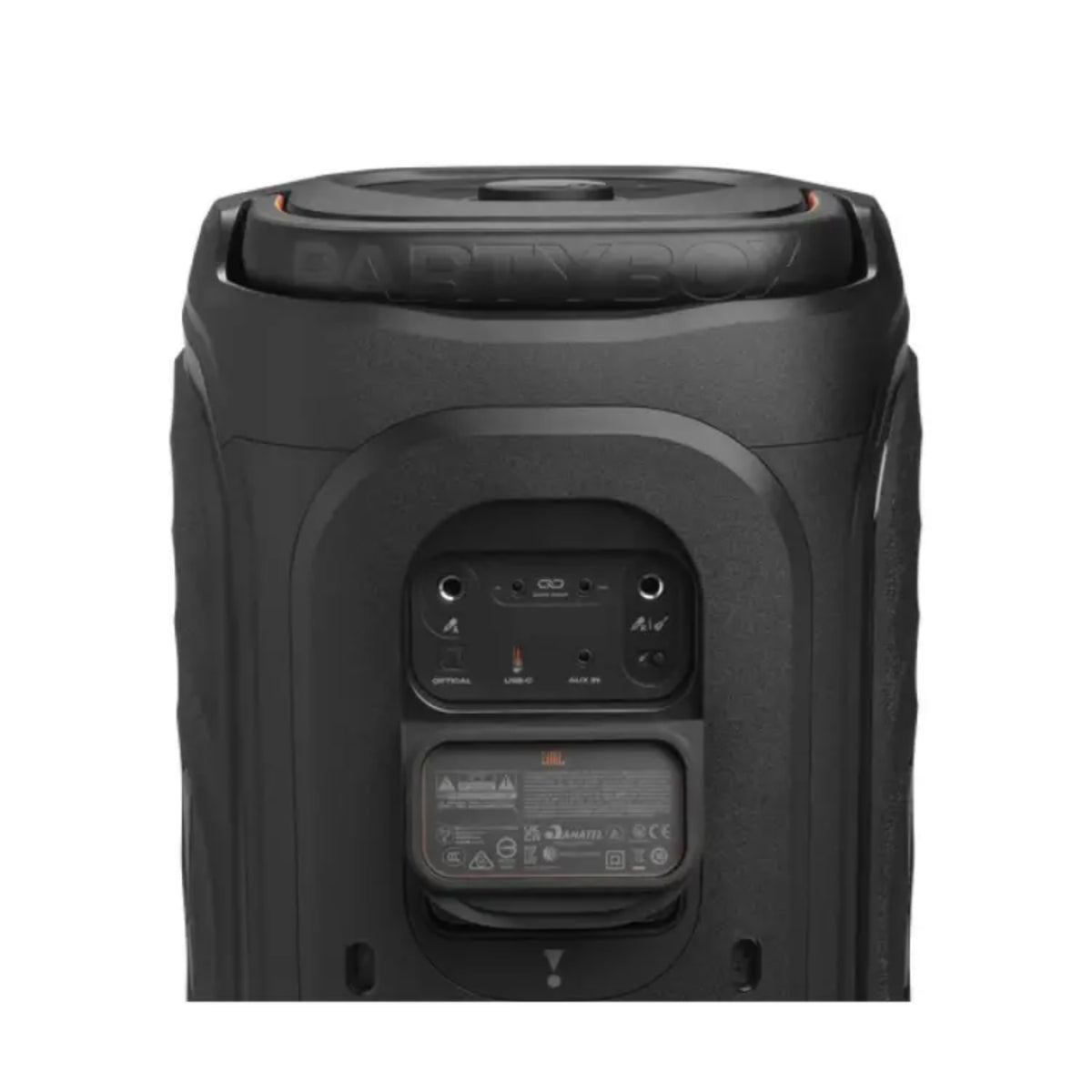 Parlante JBL PartyBox negro, vista trasera con conexiones y controles