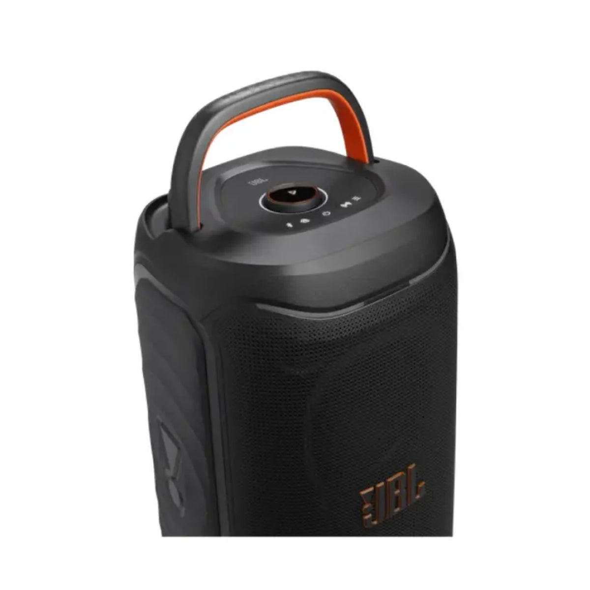 Parlante JBL negro, vista superior con mango naranja y controles visibles.