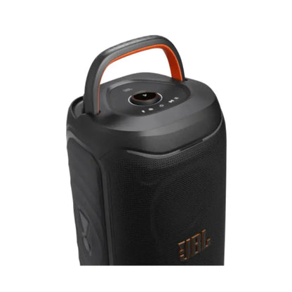 Parlante JBL negro con asa de transporte y controles en la parte superior