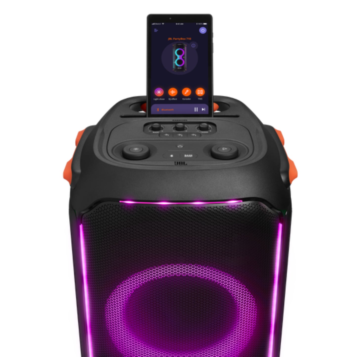 Parlante JBL PartyBox 710 con luz LED y controles para reproducir música desde un dispositivo móvil
