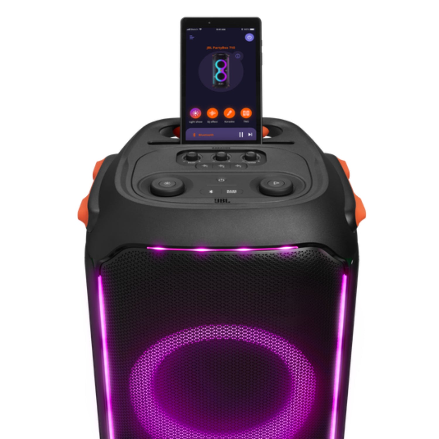 Parlante JBL PartyBox 710 con luz LED y controles para reproducir música desde un dispositivo móvil