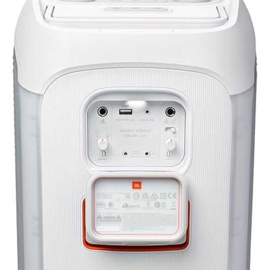 Conexiones del parlante JBL PartyBox Stage 320 blanco con puertos USB y auxiliares