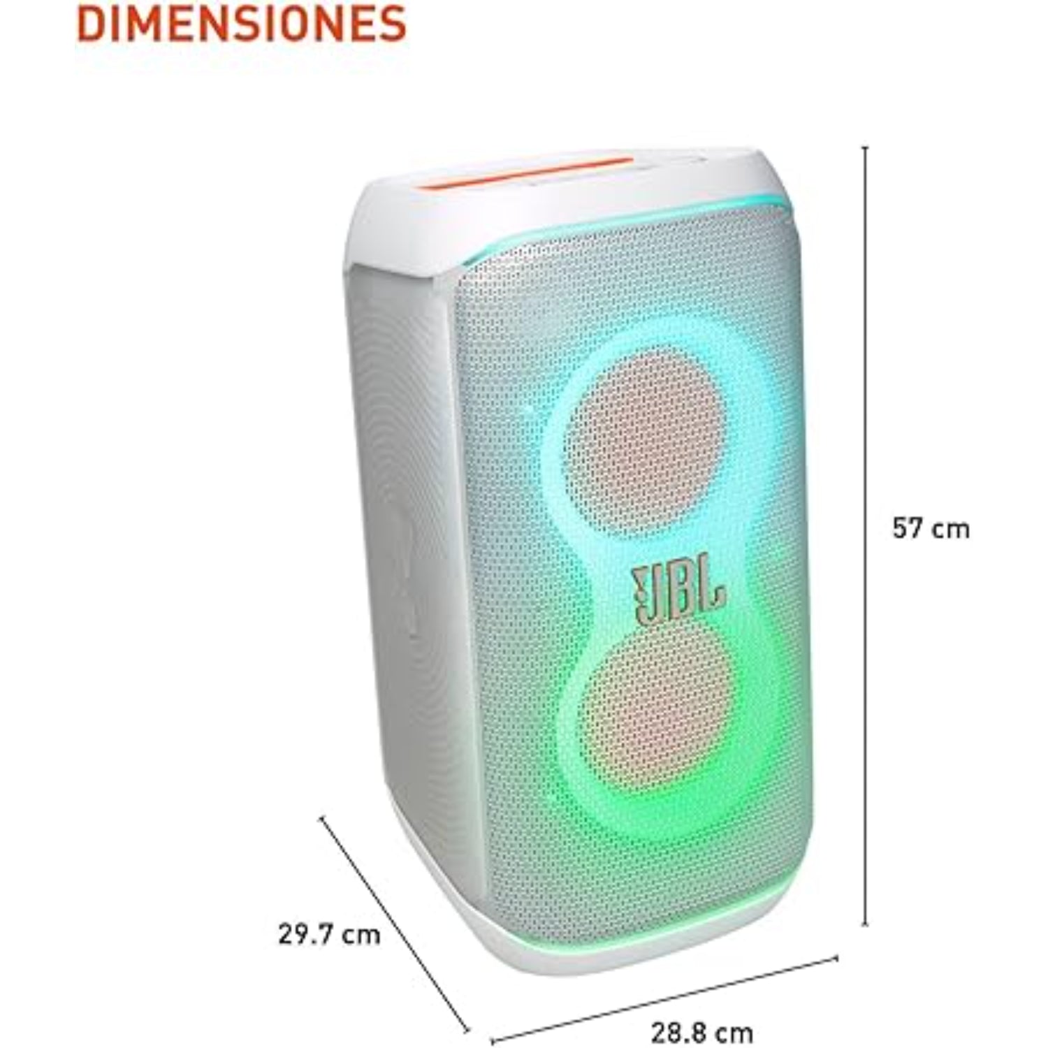 Parlante JBL PartyBox Stage 320 blanco con luces LED y dimensiones de 57 cm de altura