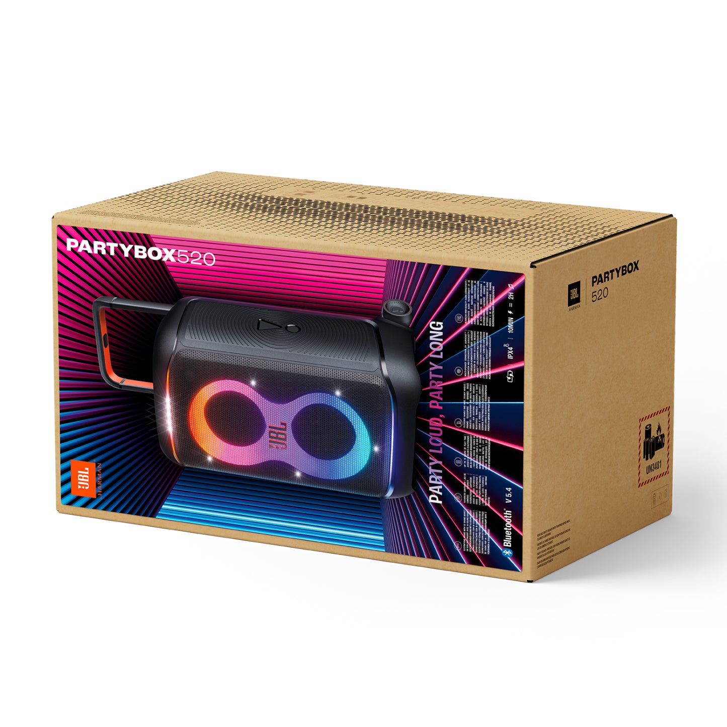 Caja de JBL PartyBox 520, parlante portátil con luces LED, ideal para fiestas