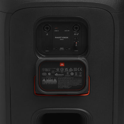 conector jbl parlante negro, parte trasera con entradas USB y AUX