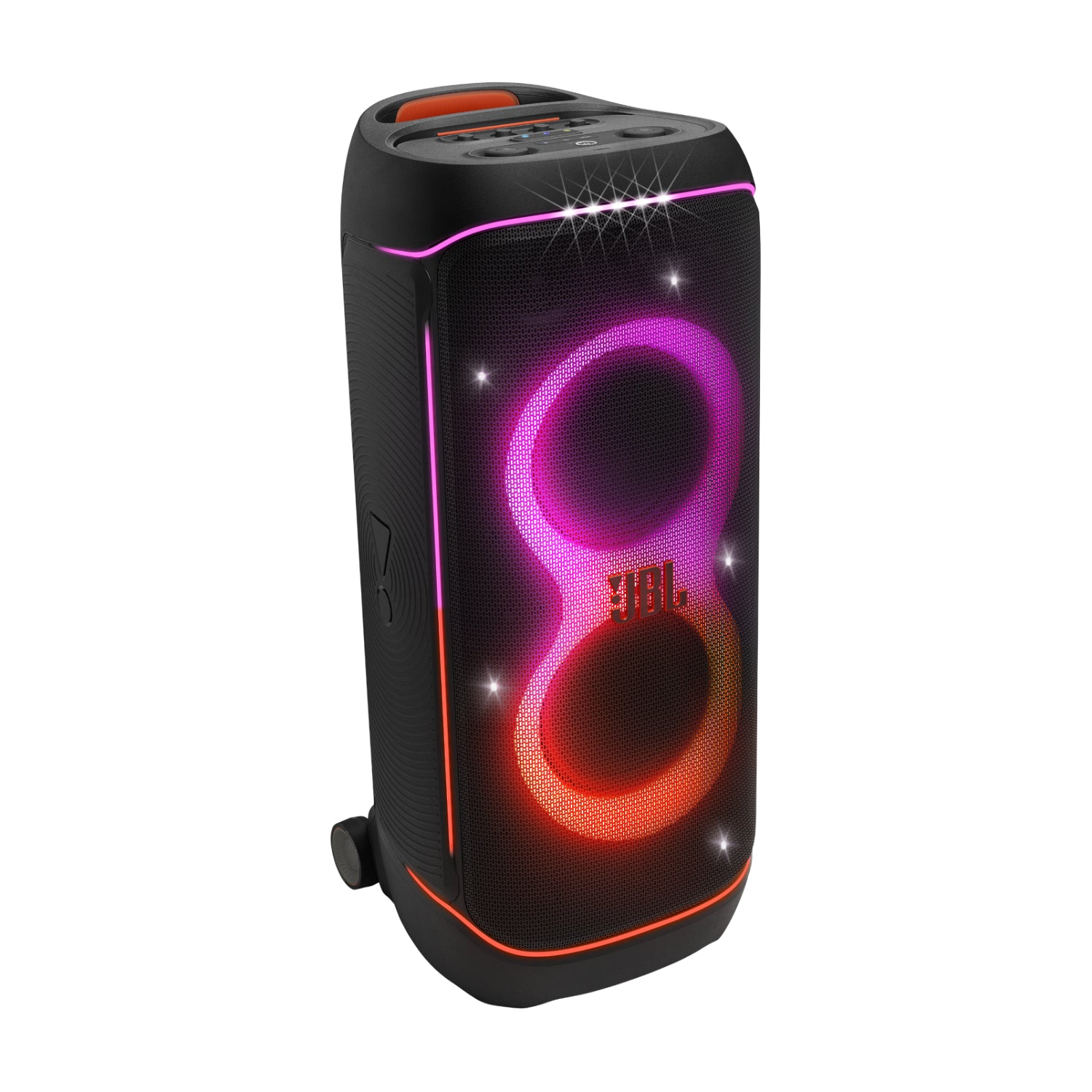 jbl parlante portátil negro con luces LED, vista lateral, ideal para fiestas