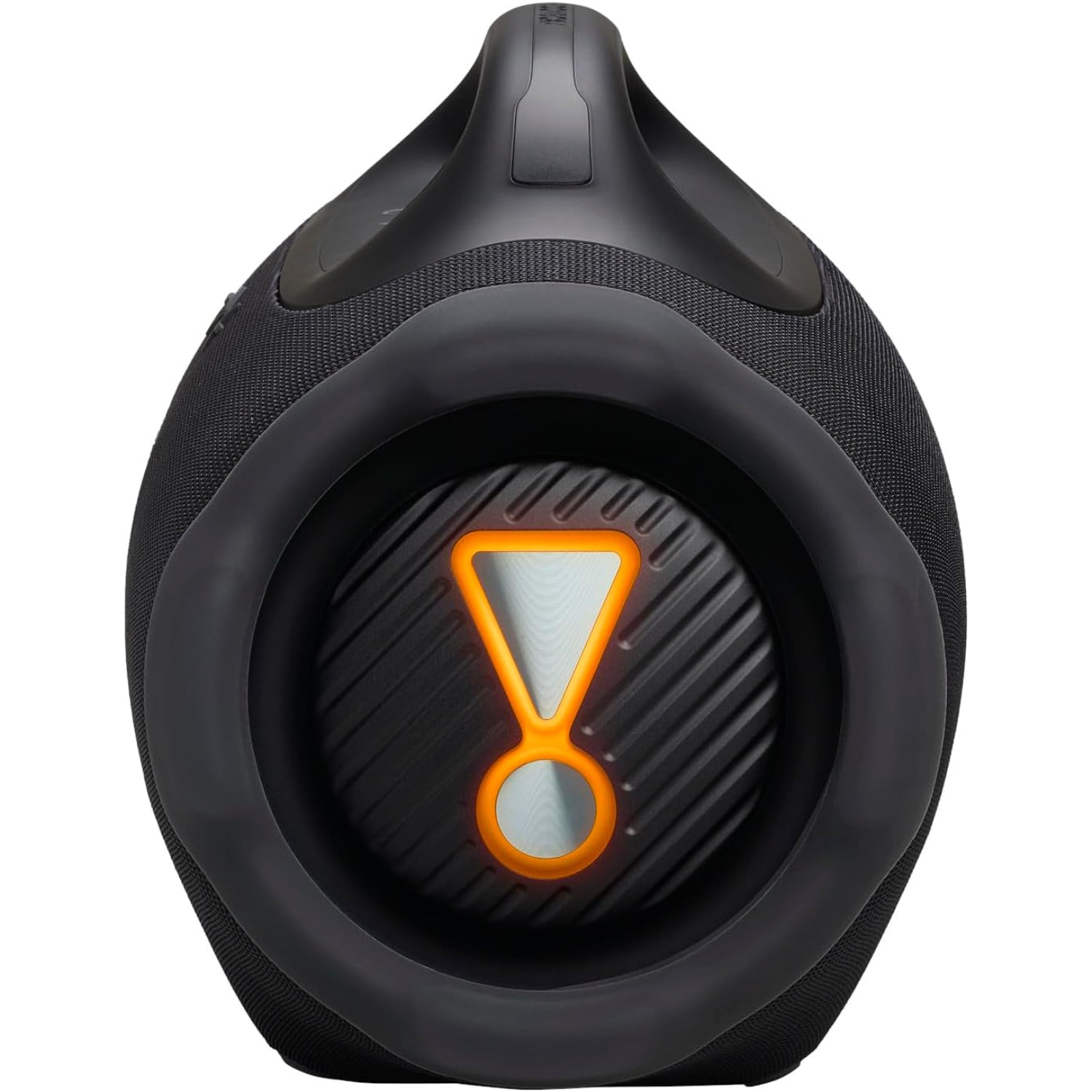 Vista frontal del parlante portátil JBL Boombox 4 con diseño robusto y detalles llamativos