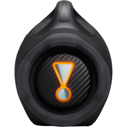 Vista frontal del parlante portátil JBL Boombox 4 con diseño robusto y detalles llamativos