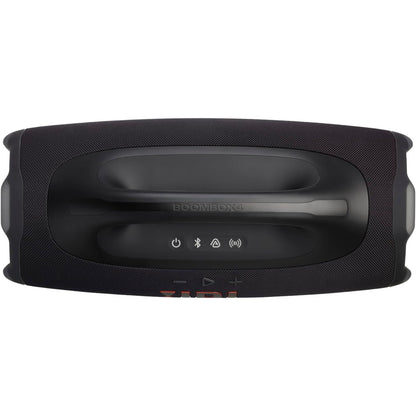 Vista superior del parlante portátil JBL Boombox 4 con controles táctiles y conectividad Bluetooth