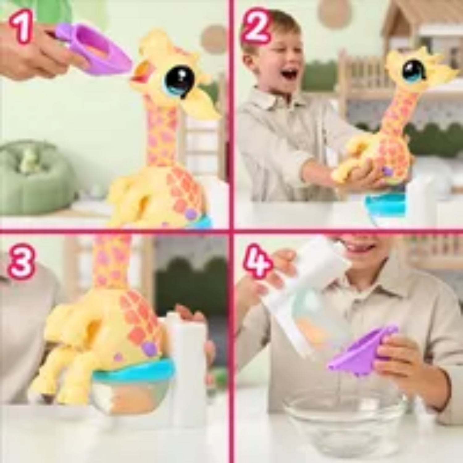 Jirafa amarilla de Boing Toys, niño feliz jugando con agua, escenas interactivas