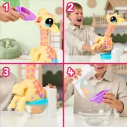 Jirafa amarilla de Boing Toys, niño feliz jugando con agua, escenas interactivas