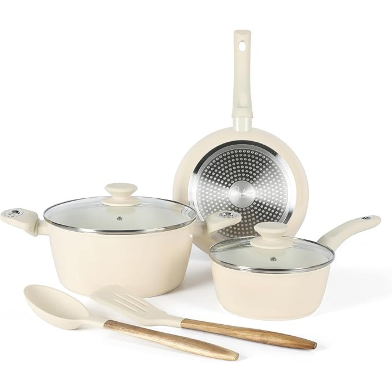 juego de ollas beige con tapa, cocina moderna
