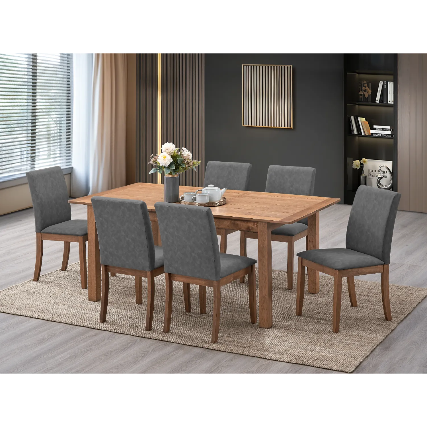 juego de comedor 6 sillas ACME FURNITURE con mesa de madera y sillas tapizadas en sala moderna