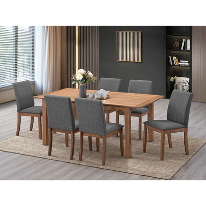 juego de comedor 6 sillas ACME FURNITURE con mesa de madera y sillas tapizadas en sala moderna