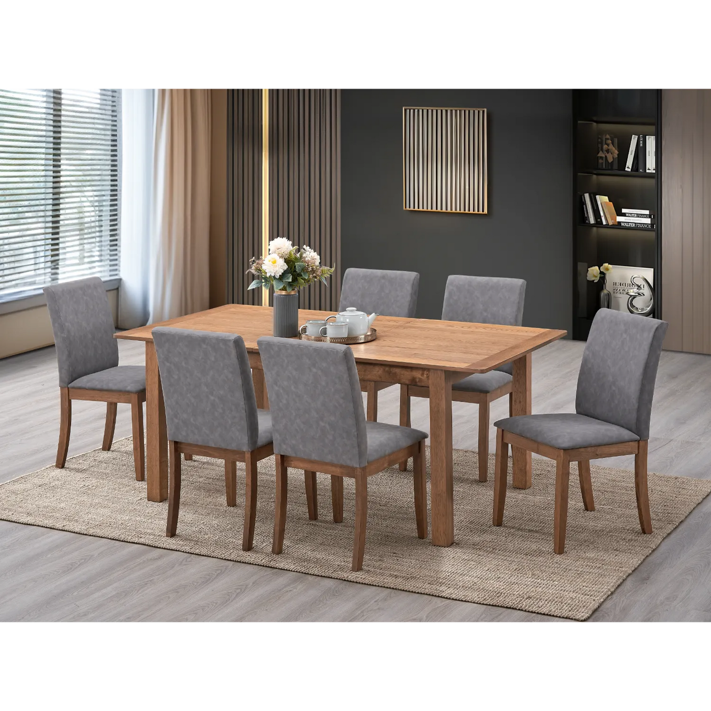 Juego de comedor gris 6 puestos con sillas tapizadas y mesa de madera en sala moderna