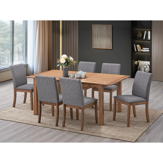 Juego de comedor gris 6 puestos con sillas tapizadas y mesa de madera en sala moderna