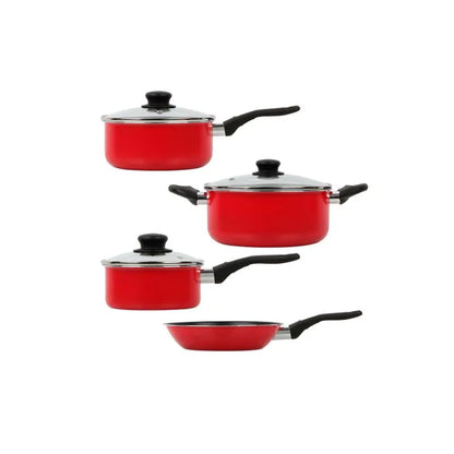 juego de ollas rojas GIBSON HOME, vista frontal y lateral en cocina