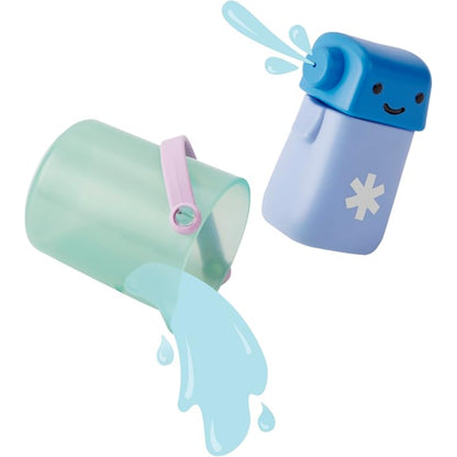 Juego de baño azul y verde, cubo y rociador, divertido para niños.