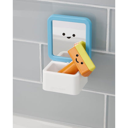 Espejo azul de baño con juguetes en la esquina, juego colorido para niños