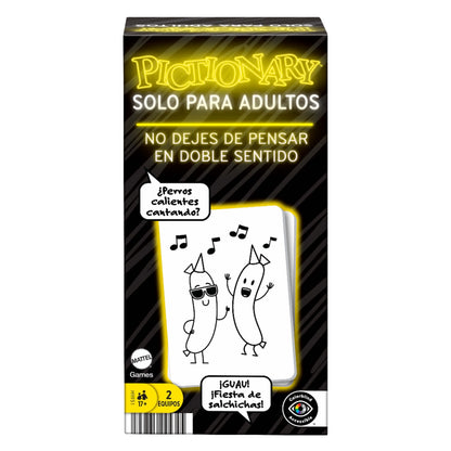 Juego Pictionary para adultos, caja frontal con ilustraciones divertidas y contexto de diversión